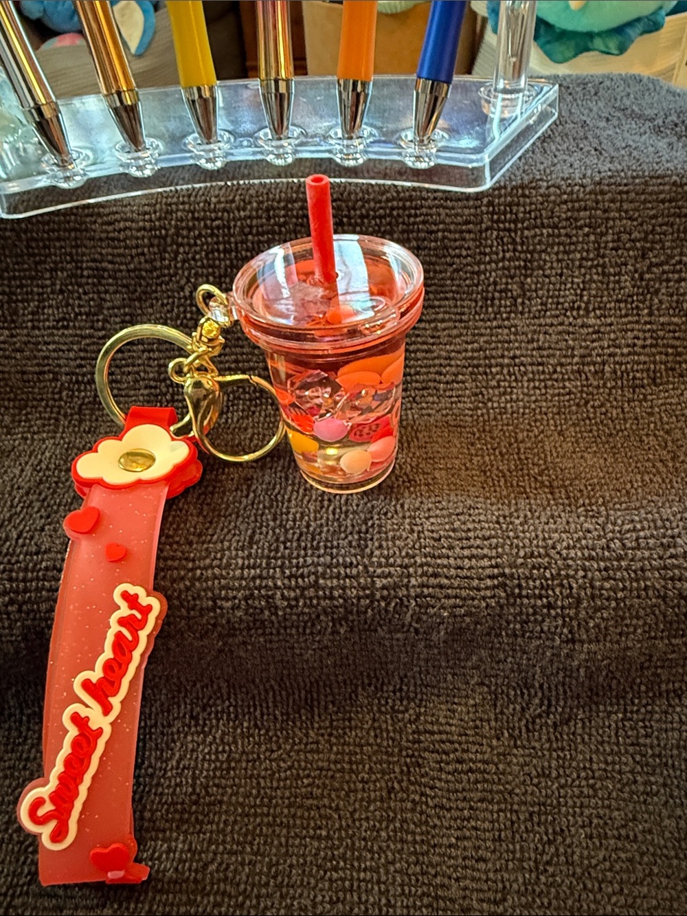 Red 'Sweet Hearts' Cup Keychain with Flower Strap